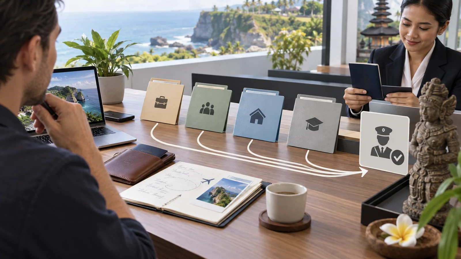 A business traveler compares several Indonesian stay and activity pathways with an immigration professional.