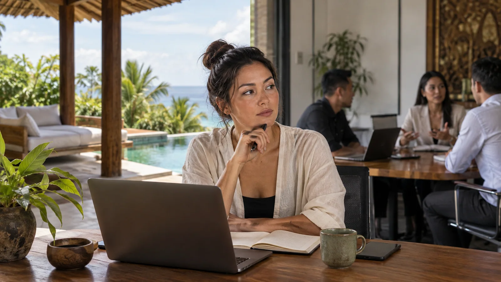 A remote professional pauses before moving from overseas work into a local Bali client activity.